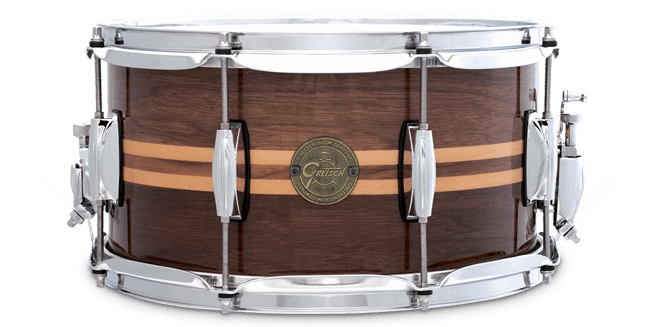 This is a picture of a GRETSCH Full Range Snare Drum 14" x 6.5" Walnut Maple Inlay