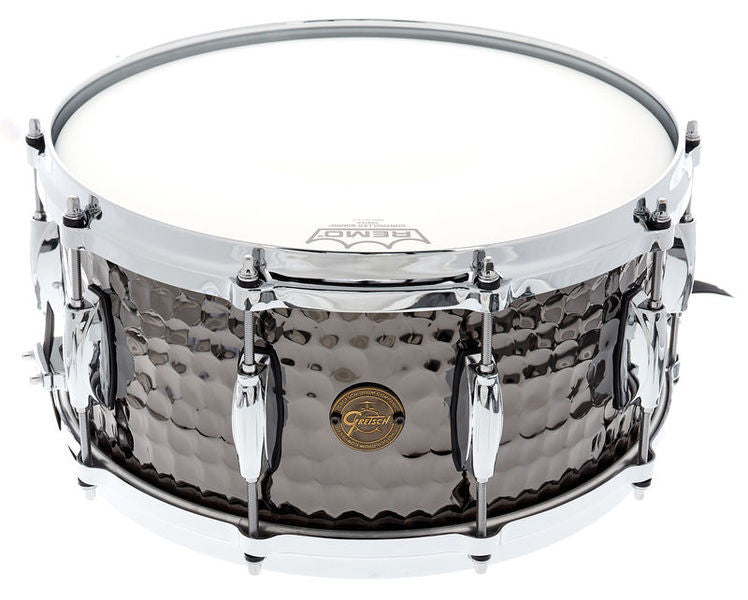 This is a picture of a GRETSCH Full Range Snare Drum 14" x 5" Hammered Black Steel