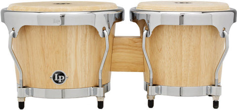 This is a picture of a LP Highline Bongos Satin Natural  Chrome Hardware