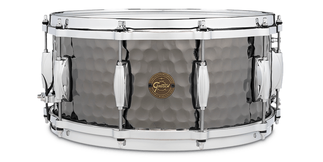 This is a picture of a GRETSCH Full Range Snare Drum 14" x 6.5" Hammered Black Steel