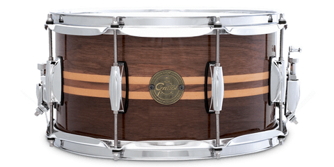 This is a picture of a GRETSCH Full Range Snare Drum 14" x 6.5" Walnut Maple Inlay