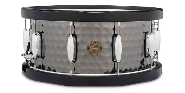 This is a picture of a GRETSCH Full Range Snare Drum 14" x 6.5" Hammered Black Steel Wood Hoops