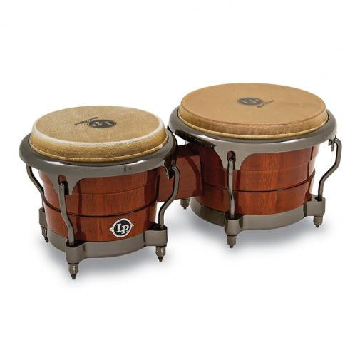 This is a picture of a LP Durian Wood Bongos Natural Durian Black Chrome
