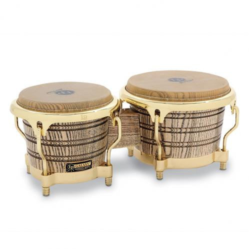 This is a picture of a LP Giovanni Galaxy Wood Bongos Gold Hardware