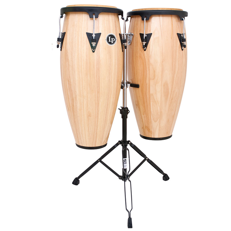 This is a picture of a LP Aspire Wood Conga Set 11'' & 12'' Natural with Double Stand
