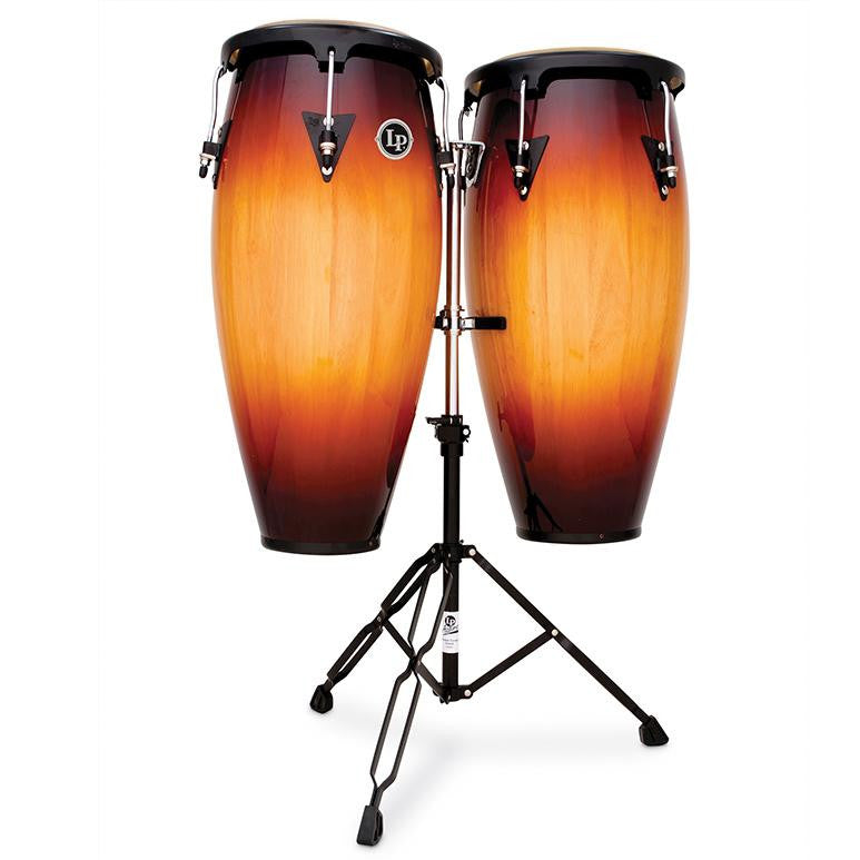 This is a picture of a LP Aspire Wood Conga Set 11'' & 12'' Vintage Sunburst with Double Stand