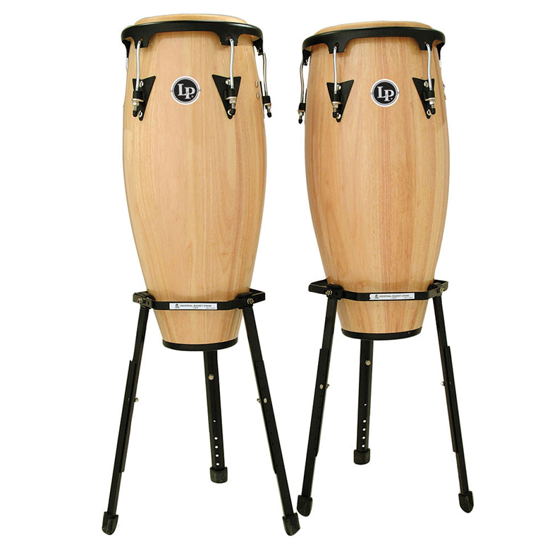 This is a picture of a LP Aspire Wood Conga Set 11'' & 12'' Natural with Basket Stands