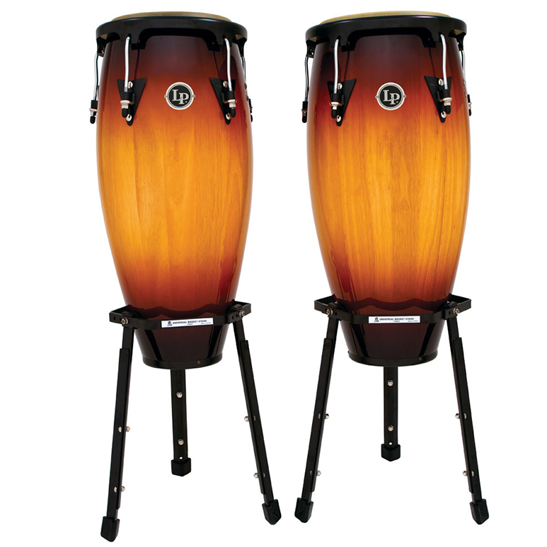 This is a picture of a LP Aspire Wood Conga Set 10'' & 11'' Vintage Sunburst with Basket Stands