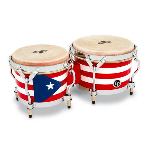 This is a picture of a LP Matador Wood Bongos Puerto Rican Flag Chrome Hardware