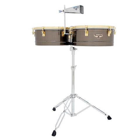 This is a picture of a LP Matador Timbales 14/15 Brushed Nickel/Gold Tone